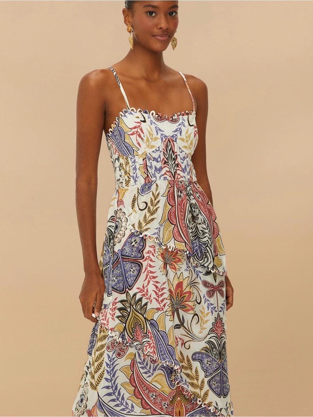 NWT Farm Rio Boho Glam Loopy- thin Maxi Dress Floral Print White CC CNBC